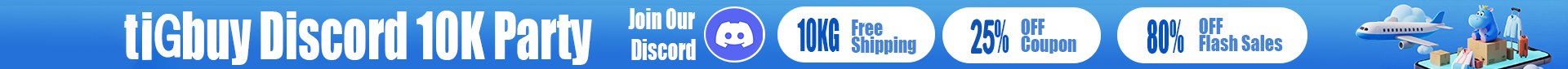 Official TigBuy Discord 10K Party banner: 10KG free shipping, 25% OFF coupon, 80% OFF flash sales